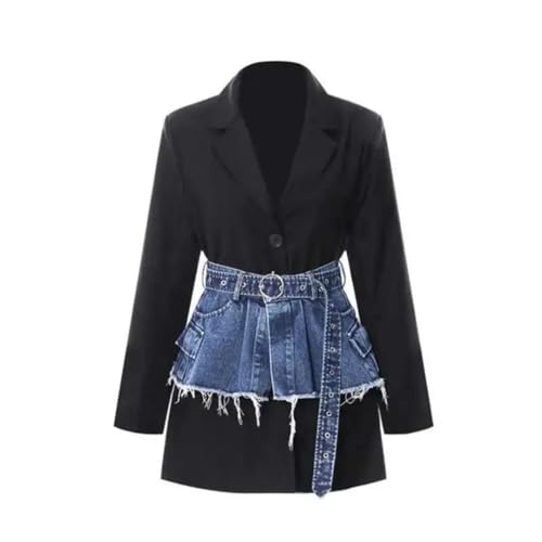 Vsadsau Women's Blazer Notched Lapel Buttons Long Sleeve Denim Belt Street Casual Suit Jacket2