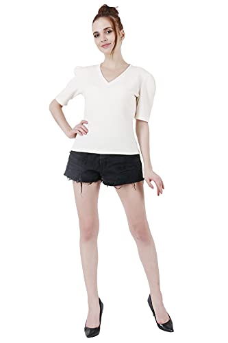 Image of POPWINGS Casual Solid Puff-Sleeves Crop Top for Women || V-Neck Crop Top for Women || Half-Sleeves Summer Crop Top for Women || Crop Tops for Women Fancy Crop Top for Women
