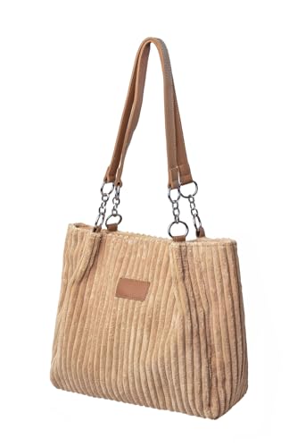 Ulisty Bolsa feminina de veludo cotelê - Bolsa de ombro casual para compras diárias e moda, Caqui, One Size