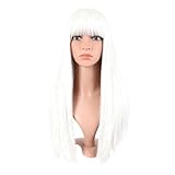 MapofBeauty 24 Pulgada/60 cm Largo Lacio Peluca Con Flequillo Sintética Cabello Heat Resistente Para Fiesta de Cosplay (Blanco)