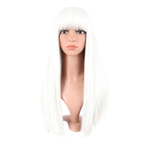 MapofBeauty 24 Inch Women Long Straight Flat Bangs Party Cosplay Wig White