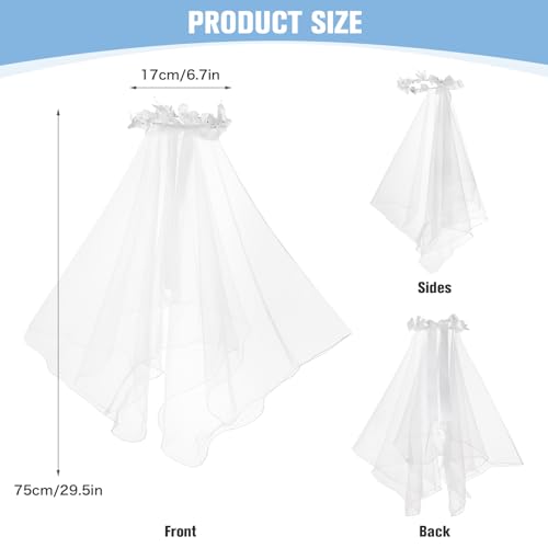 Image of Girls First Communion Veil White Floral Crown with Pearls Headpiece for Communion Day