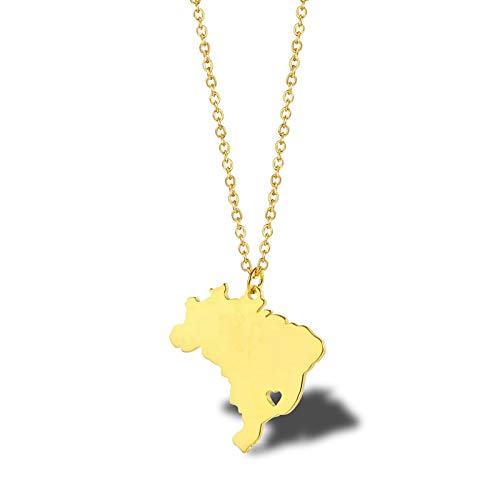 ANAZOZ Collier Femme Acier Inoxidable Pendentif Carte du Brésil avec Cœur Fantaisie Doré