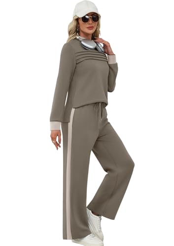 Image of WIHOLL Two Piece Sets for Women Fall Travel Vacation Outfits 2026 Long Sleeve Lounge Sets Side Slit Wide Leg Pants XS-3XL