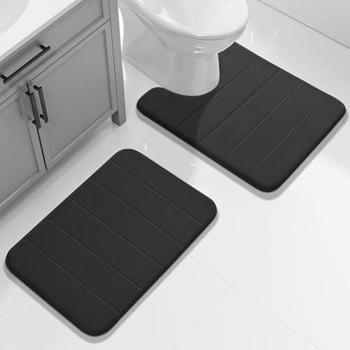 Image of Yimobra Memory Foam Bath Mat Set, 2 Pieces Soft Bathroom Rugs,43x61 cm and 61x51 cm U-Shaped for Bathroom Rugs, Toilet Mats, Water Absorption, Non Slip, Thick, Dry Fast for Bathroom Floor Mats, Black