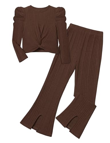 Image of CRISONE Girls 2 Piece Outfits Twist Front Puff Sleeve Tops Spilt Flared Pants Rib-Knit Sweatsuits Fall Winter Clothes Sets