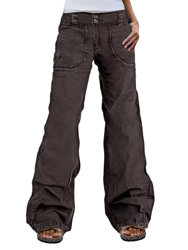 Flamingals Straight Leg Mid Waist Solid Stitch Detail Patch Pocket Pants for Women