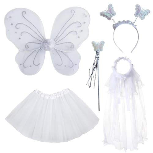BDSHUNBF 5 peças asas de borboleta asas de fada, disfarce princesa menina disfarce menina, disfarce de asas de anjo, disfarce de fada para meninas, disfarce de fada para meninas para aniversários e