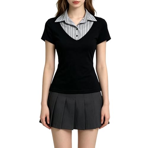 Camiseta de manga corta para mujer con cuello de dos piezas y estilo informal