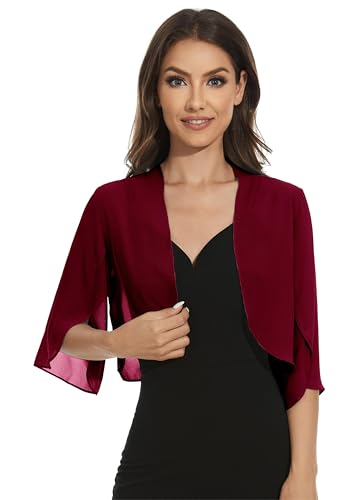 Image of Womens Chiffon 3 /4 Sleeve Shrugs Lightweight Open Front Cropped Cardigan for Dress