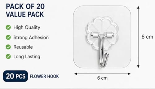 Image of Self Adhesive Wall Hooks - 15 Pcs Heavy Duty Wall Hooks for Hanging and Wall Heavy Items Without Drilling, Transparent Wall Hanger Hook (Flower Hook, 15)
