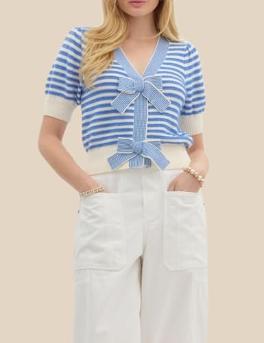 Image of InterNos Womens Bow Front Short Sleeves Sweater Classic Striped V Neck Cropped Knit Pullover Tops