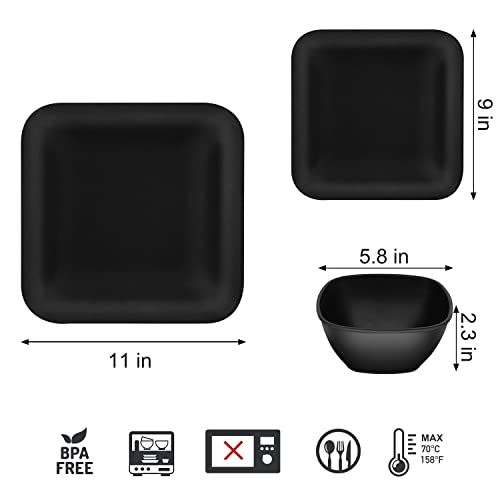 Melamine Dinnerware Set - 12 Pcs Melamine Plates Indoor And Outdoor Use Matte Black Plates And Bowls Dinnerware Sets Summer Fall Camping Dish Set For 4 Dishwasher Safe（Square） #TOP1