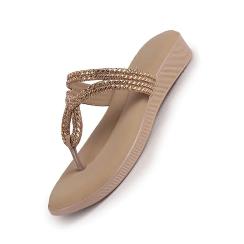 Image of FAUSTO Women T-Strap Slip On Ethnic Sandals with Rhinestone Strap | Wedge Ortho Slip-On Slippers | Perfect for Wedding, Festive Outfits