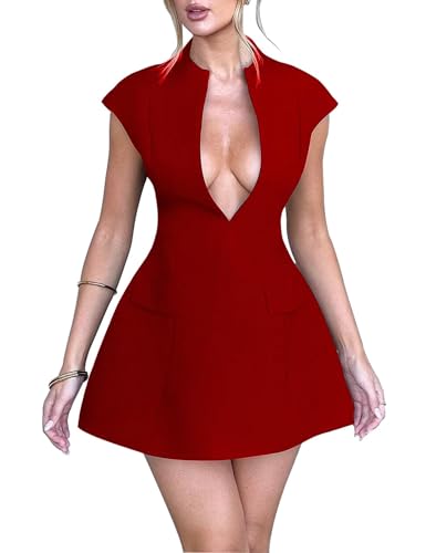 Women's Cap Sleeve Summer Dress Sexy Deep V Neck Mini Zipper A-line Dress Hollow Bodycon Night Out Party Dress