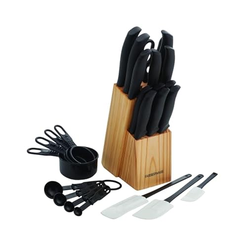 Image of Farberware 25-Piece Knife Block Set with Soft Grip Handles and Kitchen Tools, High-Carbon Stainless Steel Knives, Measuring Cups, Spoons and Spatulas, Natural Wood Block