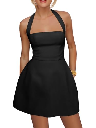 Image of Yousify Womens Sexy Halter Mini Dress Summer Backless Square Neck A Line Flared Club Party Dresses