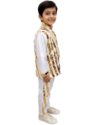 Image of BookMyCostume White & Golden Sequin Western Dance Costume for Boys | Stylish Shiny Full Sleeve Shirt and Pant Set with Zipper Closure | Annual Dance Costume for boys | Fancy Dress for Boys | 7-8 Years