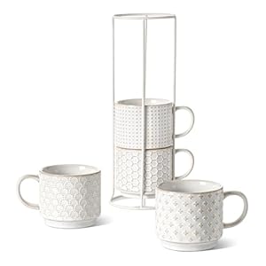 LE TAUCI Stackable Coffee Mugs Set with Stand, Ceramic Embossment Coffee Cups for Au Lait, Cappuccino,Latte,Cafe,Mocha,Tea, Suit For Housewarming Wedding - 12 oz, Set of 4,Arctic white LE TAUCI Stackable Coffee Mugs Set with Stand Ceramic Embossment Coffee Cups for Au Lait CappuccinoLatteCafeMochaTea Suit For Housewarming Wedding 12 oz Set of 4Arctic white
