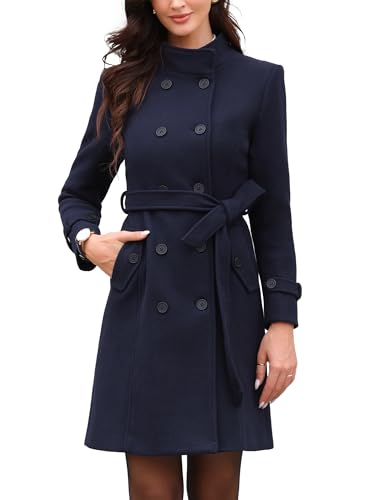 Image of Allegra K Pea Coats for Women Stand Collar Double Breasted Trench Peacoat Long Winter Coat with Belt 2025 Medium Deep Blue
