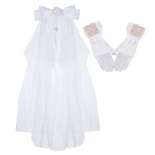Image of First Communion Veil and White Gloves Headband Headpiece for Communion Day