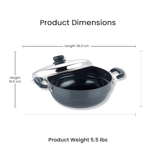 Vinod Black Pearl Hard Anodised Multi Kadai, 26cm,5 Plates - 2 Idli, 2 Dhokla,1 Patra Plate, Steamer for Idli, Dhokla, and Momos, Scratch Resistant, Induction Friendly