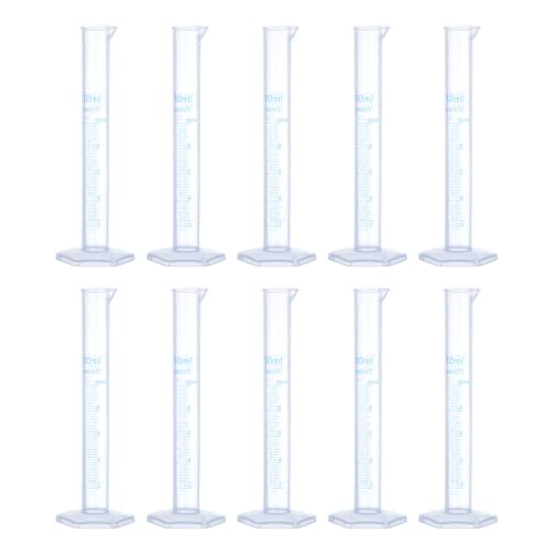 uxcell Plastic Graduated Cylinder, 10ml Measuring Cylinder, Test Tube Beakers, 2-Sided Metric Marking, Clear Hex Base for Lab Home 10Pcs