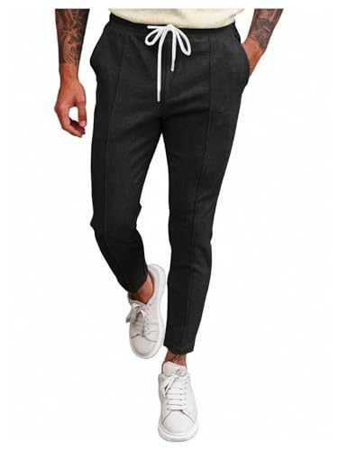OYOANGLE Men's Textured Drawstring Tapered Pants Solid Business Casual Trousers with Pocket4