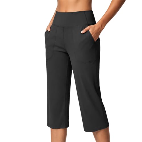 Yareoner Damen Capri Sport Leggings Sommer High Waist Weites Bein Stretch Gummizug Blickdicht 3/4 Yogahose mit Taschen Business Elegante Anzughose 7/8 Straight Leg Gym Sporthose Schwarz L