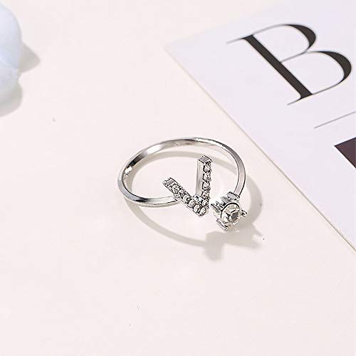 Image of HUJUON Silver Initial Letter Ring for Women. Adjustable Crystal Alphabet Ring,Name Initials Stackable Knuckle Rings A-Z CZ Open Ring