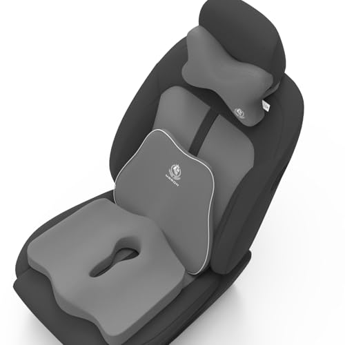 Image of MRRON Memory Foam Car Seat Cushion Combo - Backrest, Coccyx Cushion & Neckrest - Orthopedic Support for Back, Sciatica & Neck Pain - Ergonomic Comfort for Car, Office. (Grey, Slim Backrest)