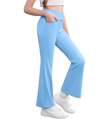 Zaclotre Girls Flare Leggings High Waisted V Crossover Casual Yoga Bell Bottoms with Pockets Pants for Kid