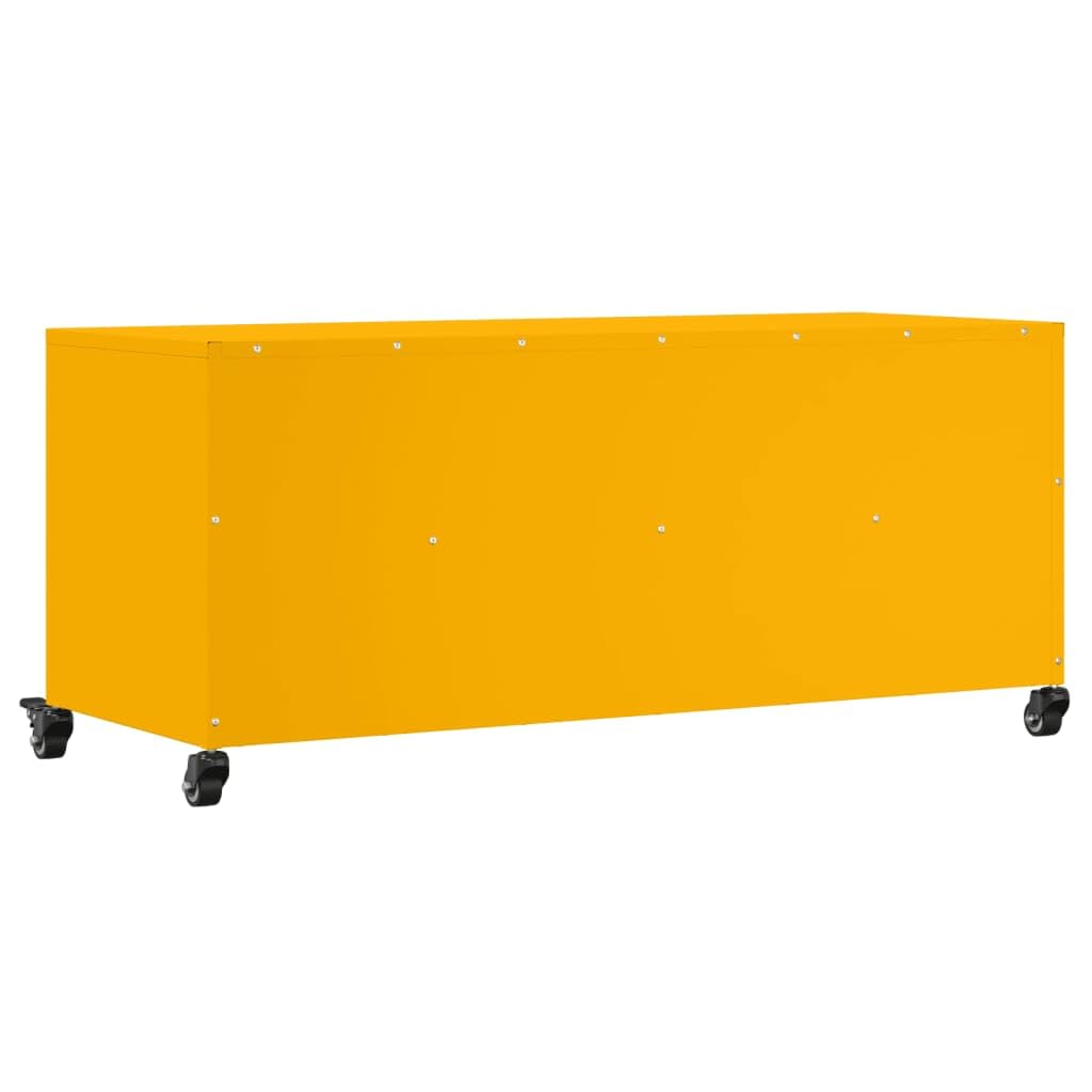 Mobile TV giallo senape, 100,5 x 39 x 43,5 cm, in acciaio laminato a freddo, con 3 cassetti e ruote, moderno, per soggiorno, corridoio e camera da letto