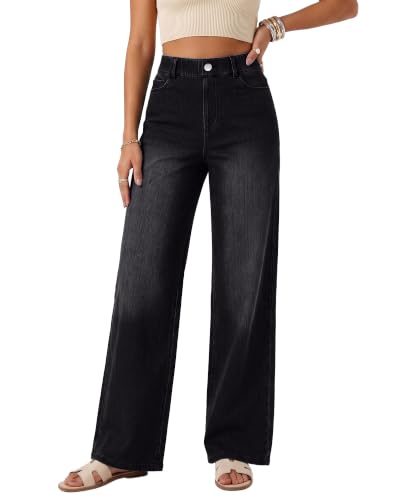 GRAPENT Women Wide Leg Jeans Womans Womens Pull On Pants Baggy for Loose Fit Soft Stretch Pajama Jeans Black S US Size 4 to 6