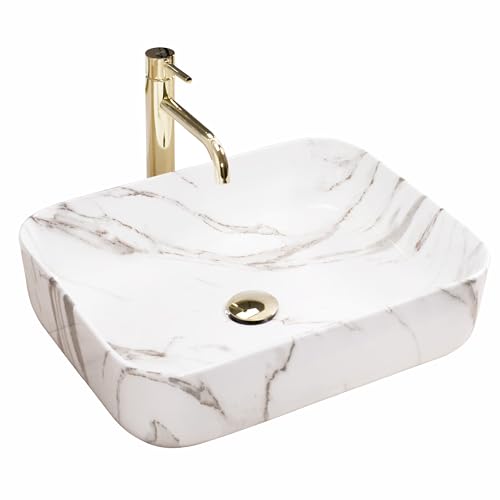 Rea Vasque à poser Demi Aiax Shiny Lavabo Salle de Bain 550 x 395 x 130 mm en Céramique (Blanc, imitation de marbre)