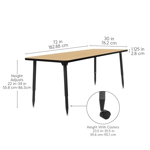 Image of Adapte Commercial Classroom Activity Table - 30 inch x 72 inch Rectangle, ADA Compliant Tapered Legs with Glides & Casters, Adjustable Height 22-34 inch Wheelchair Accessible, School & Office Furniture