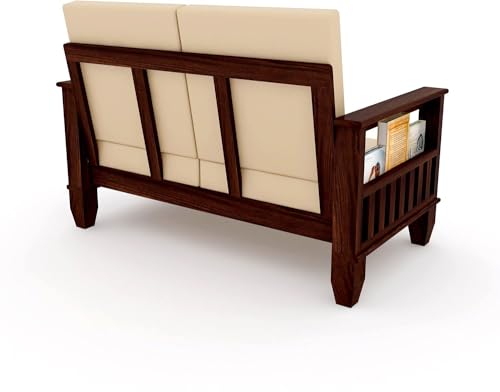 Image of Solid Sheesham Wooden 2 Seater Sofa Set for Living Room | Two Seater Sofa Set with Side Pocket Storage & Cushion | Rosewood Sofa Set for Home