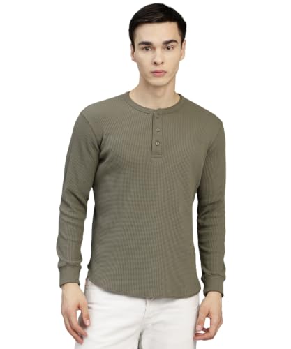 Image of Alan Jones Clothing Men's Regular Fit Waffle Henley Neck Long Sleeve T-Shirt | Cotton Waffle Knit | Casual Full Sleeve Top | Sizes S to 3XL