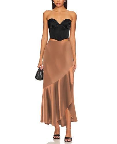 SEBOWEL Women Satin Skirt Silk A Line Swing Ruffle Pleated Cocktail Skirts Silky High Low Tiered Long Maxi Skirt with Split4