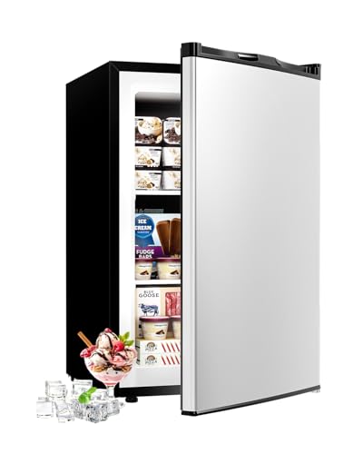 Feelfunn 3.0 Cu.ft Upright freezer - Compact Mini Freezer with 7 Adjustable Thermostat, Removable Shelves, Reversible Single Door, 360°Uniform Cooling Small freezer for Home Office Dorm, Silver