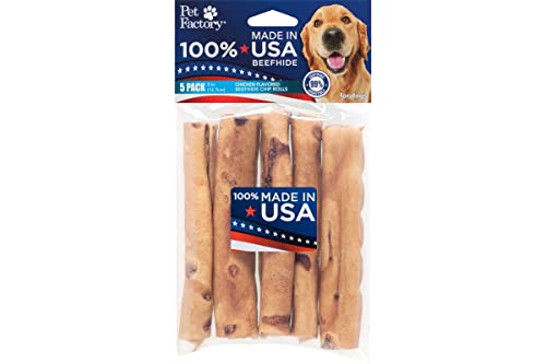Pet Factory 100% Made in USA Beefhide 5" Chip Rolls Dog Chew Treats - Chicken Flavor, 5 Count/1 Pack