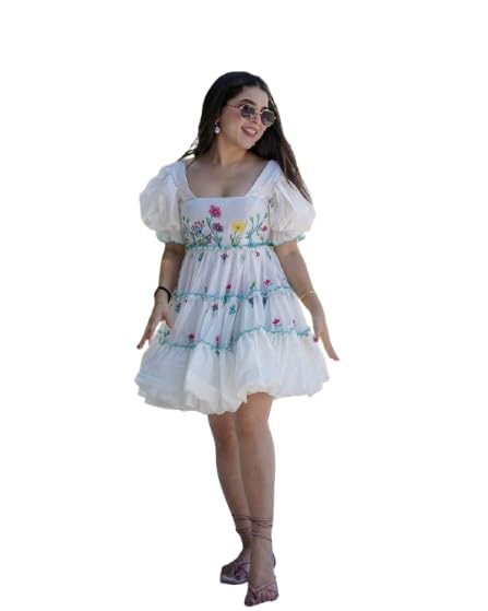 women's floral embroidered mini gown – puff sleeve square neck tiered boho a-line short dress for summer, beach, and casual wear [size -s] white