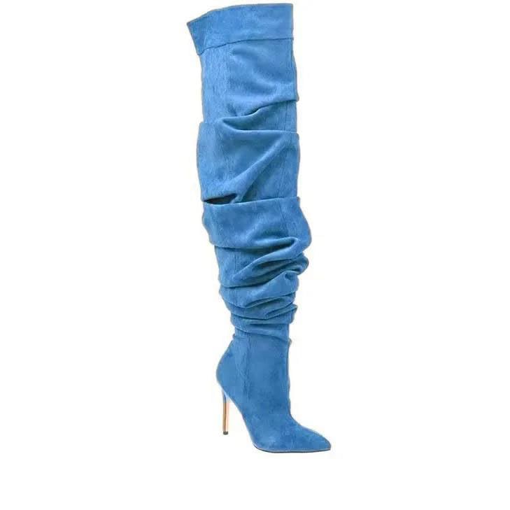 Women Suede Pleated Knee High Boots Pointed Toe Patchwork Party High Heel Fashion Shoes