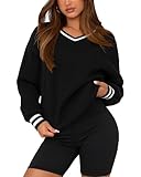PRETTYGARDEN Women's Oversized Sweatshirts Casual Long Sleeve Stripes Knit V Neck Pullover Top Fall Teens Preppy Clothes(Black,Medium)