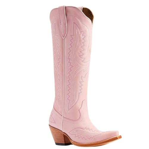 Western Women's Cowboy Boots Fashion Knee-High Boots with Classic Embroidery Side Zipper and Chunky Heel Pointy Toe Dress Boots3