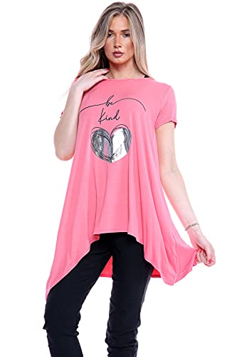 Purple Hanger New Womens Plus Size Uneven Hanky Hem Short Sleeve T-Shirt Top Ladies Floral Rose Print Jersey Tunic (26-28, Coral)