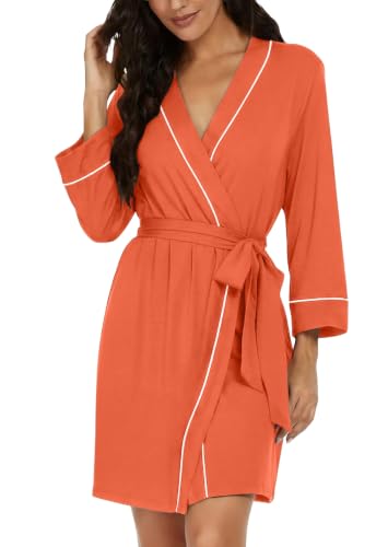 Image of PrinStory Womens Robe Knee Length Soft Knit Bathrobe S-2XL | V-Neck 3 /4 Sleeve Robes with Pockets, Lightweight, Breathable Bath Robe for Shower, Spa, Travel, Home, Party, Nursing