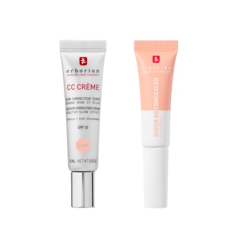 Erborian - CC Cream con Centella Asiatica Clair 15 ml - Crema Correctora de Color + Super BB Concealer Clair 10 ml - Corrector de Tratamiento de Alta Cobertura Enriquecido