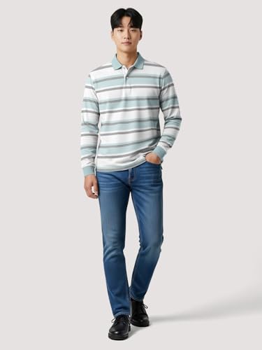 Image of BULLMER White Striped Printed Polo Neck Fullsleeve Tshirt with Rib for Men.