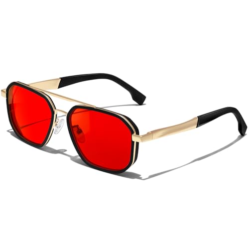 KANASTAL Gafas de Sol Rojo Hombre y Mujer Cuadradas Metalicas Retro Vintage Uso Diario Festivales Protección UV400 - Marco Negro Lentes Cristal Rojas